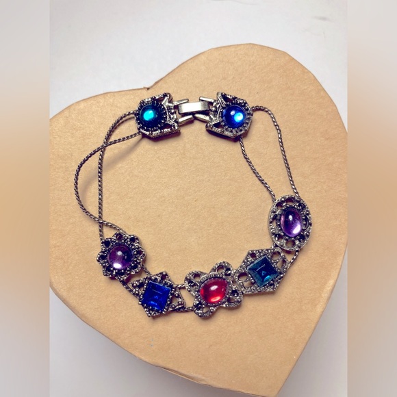 Jewelry - Antique Vintage Retro Sliding Bead Bracelet Jewel Tones Silver Tone 👑❤️💐🌟